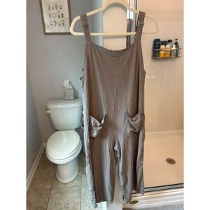 Lana Roux Los Angeles Linen Blend Overalls Taupe Wide Leg Jumpsuit Medium LP5003